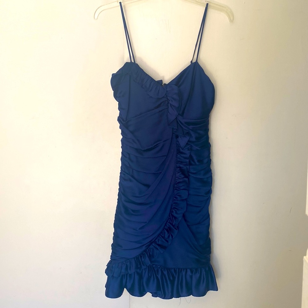 Vintage Betsy Johnson bright midnight blue 100% silk spaghetti straps w ruching